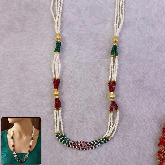Multi Strand Pearl Mala Handmade Necklace with Red Green Beads Ethnic Wear