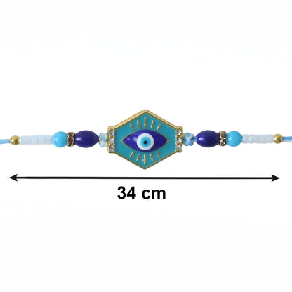 Side view of turquoise hexagon Rakhi
