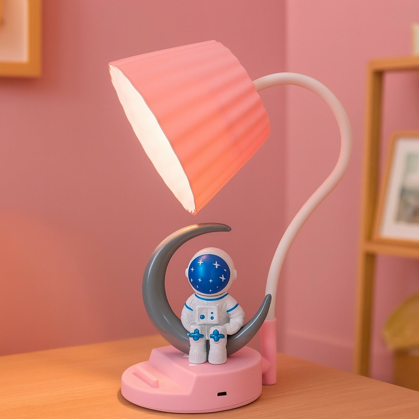 Pink Astronaut Moon LED Table Lamp, USB Rechargeable Kids Night Light