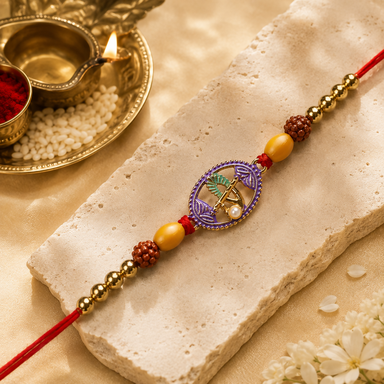 A red thread bracelet with a purple oval charm and beads is displayed on a textured beige stone, with a lit lamp and rice in