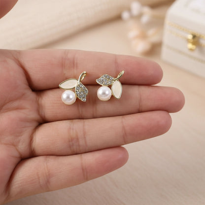 Elegant Korean Style Pearl & Crystal Leaf Stud Earrings for Women