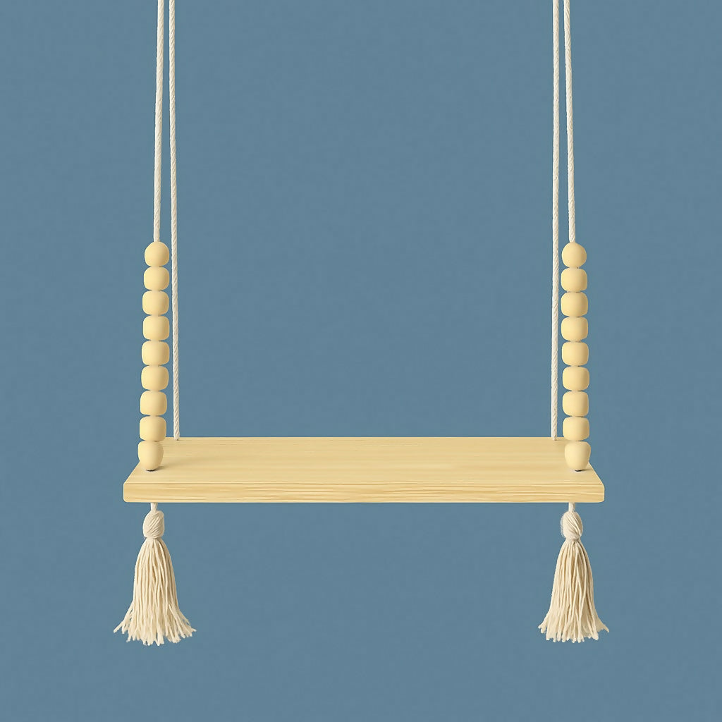 Wooden Hanging Shelf with Rope & Beads Decorative Wall Display Rack