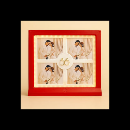 LED Wedding Photo Frame with Ring Holder | Romantic Couple Picture Frame with LED Lights | Decorative Anniversary, Engagement & Wedding Gift for Home Décor – Red & White Variants (Holds 4 Photos, 6x4 inch)