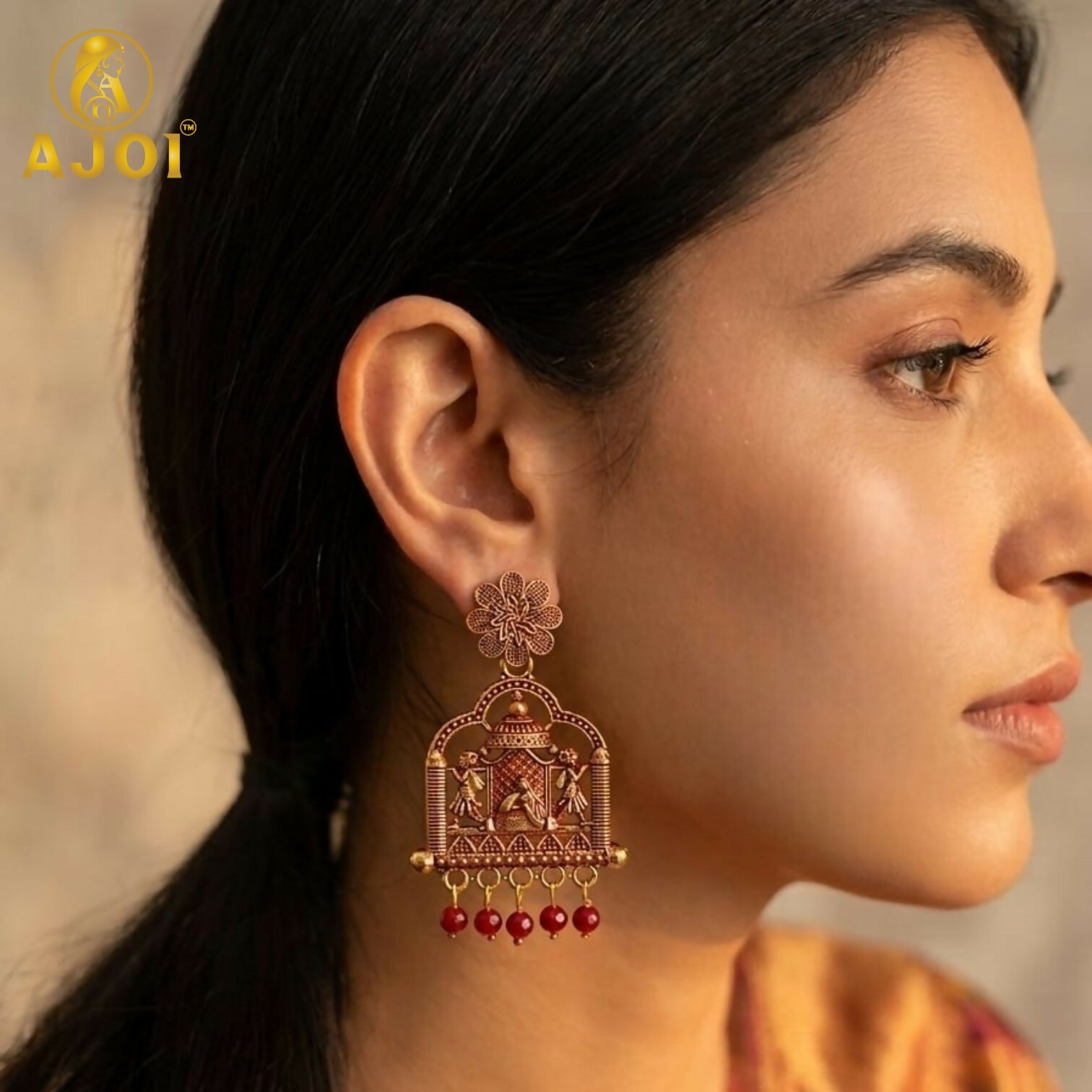 Traditional Radha Krishna Temple Earrings with Red Beads – 2 Pairs