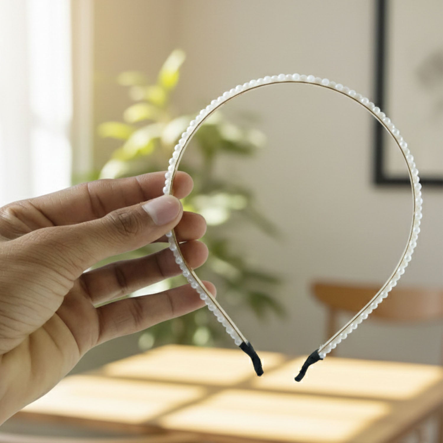 Elegant Pearl Beaded Slim Golden Metal Hair Band (1 Pc)