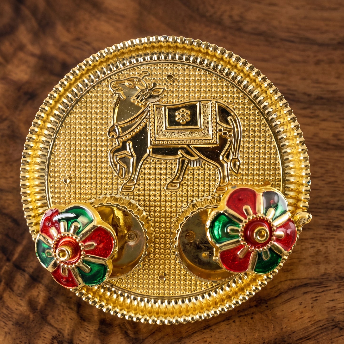 Cow Design Kankavati Kumkum Holder, Golden Pooja Thali with Compartments (1 Pc)