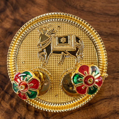 Cow Design Kankavati Kumkum Holder, Golden Pooja Thali with Compartments (1 Pc)