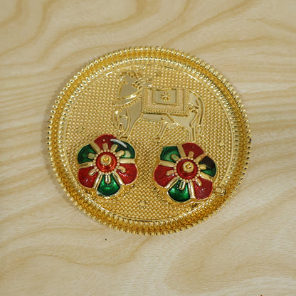 Cow Design Kankavati Kumkum Holder, Golden Pooja Thali with Compartments (1 Pc)