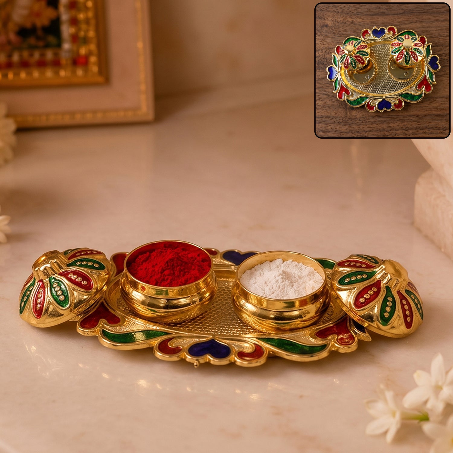 Decorative Kankavati Kumkum Holder, Golden Enamel Pooja Thali with Bowls (1 Pc)