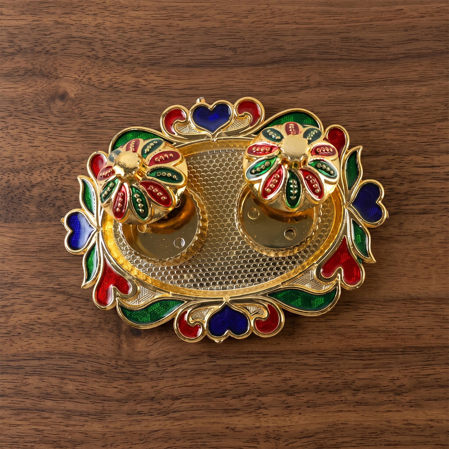 Decorative Kankavati Kumkum Holder, Golden Enamel Pooja Thali with Bowls (1 Pc)