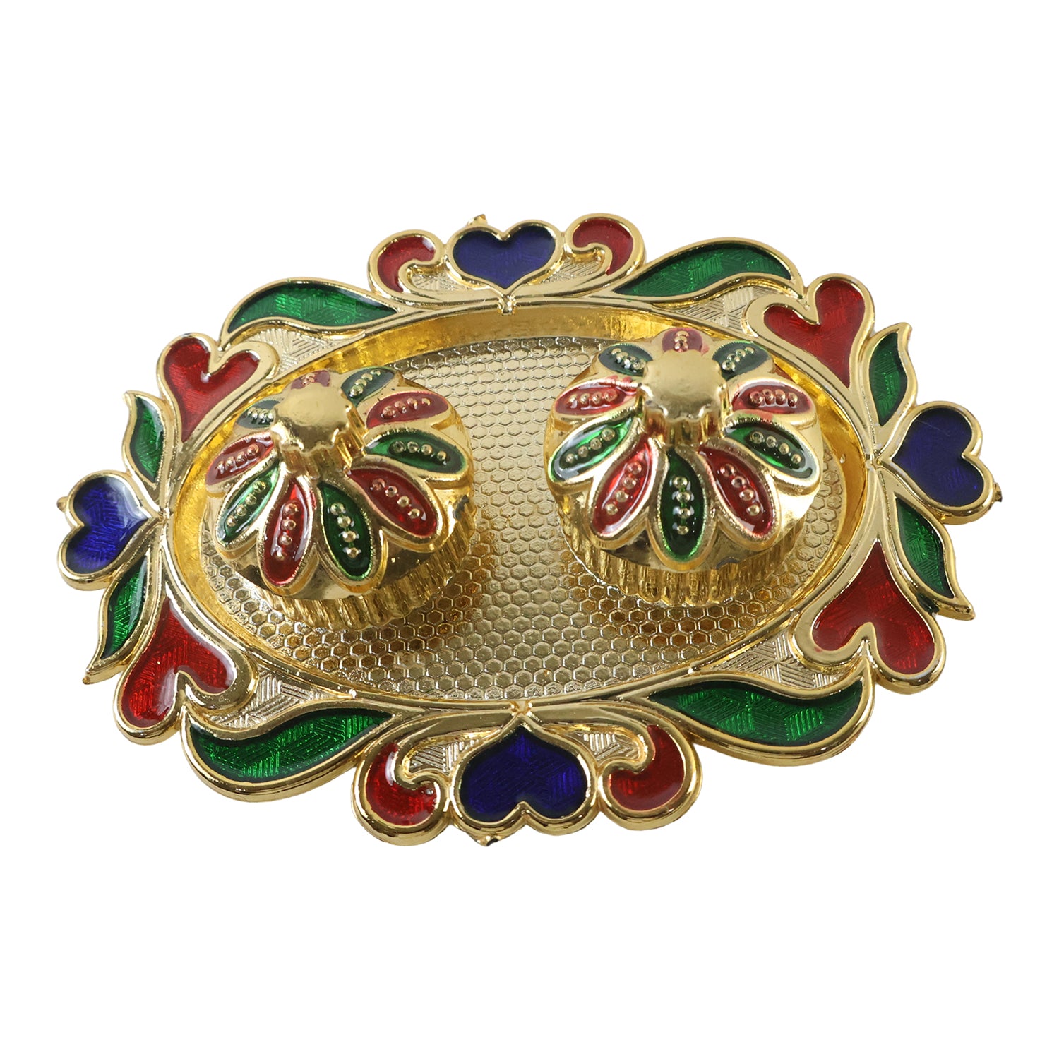 Decorative Kankavati Kumkum Holder, Golden Enamel Pooja Thali with Bowls (1 Pc)