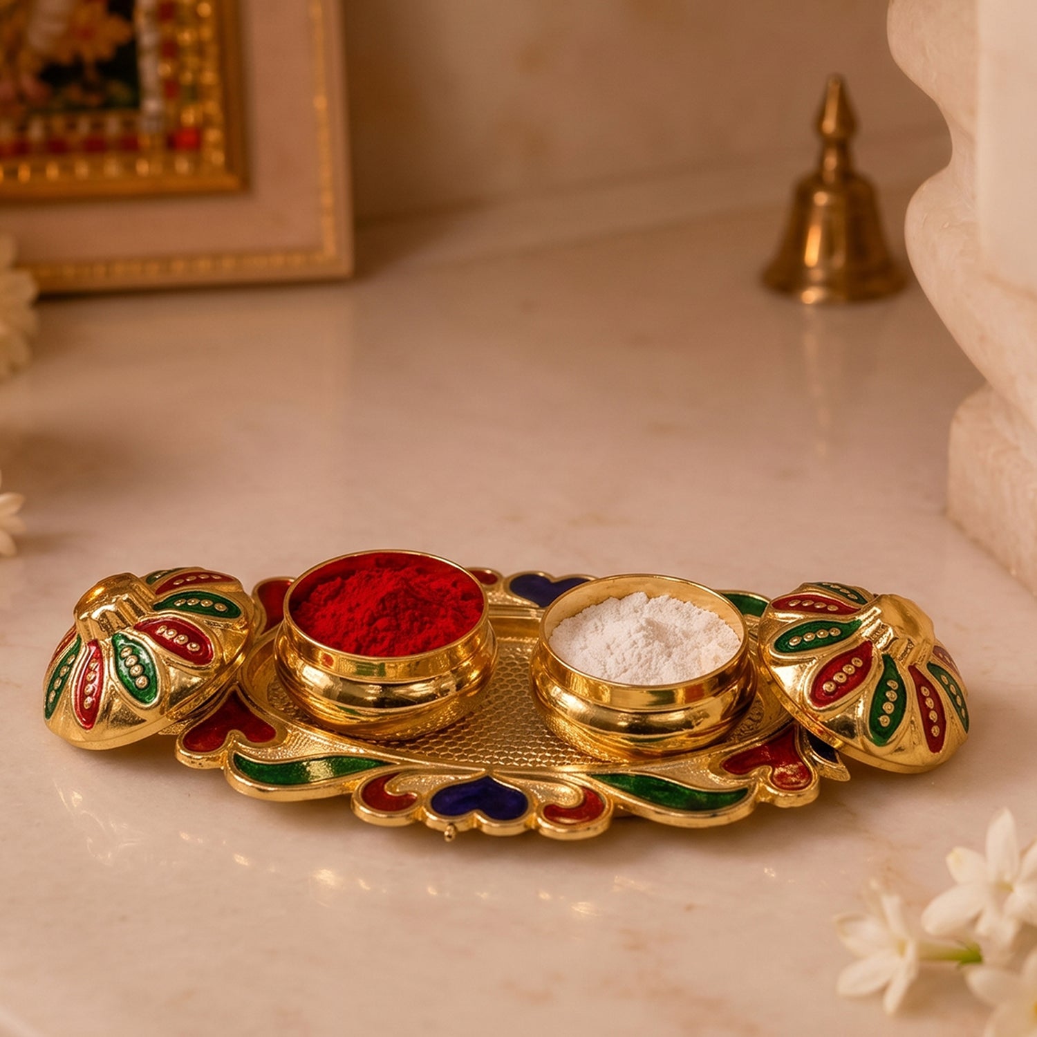 Decorative Kankavati Kumkum Holder, Golden Enamel Pooja Thali with Bowls (1 Pc)