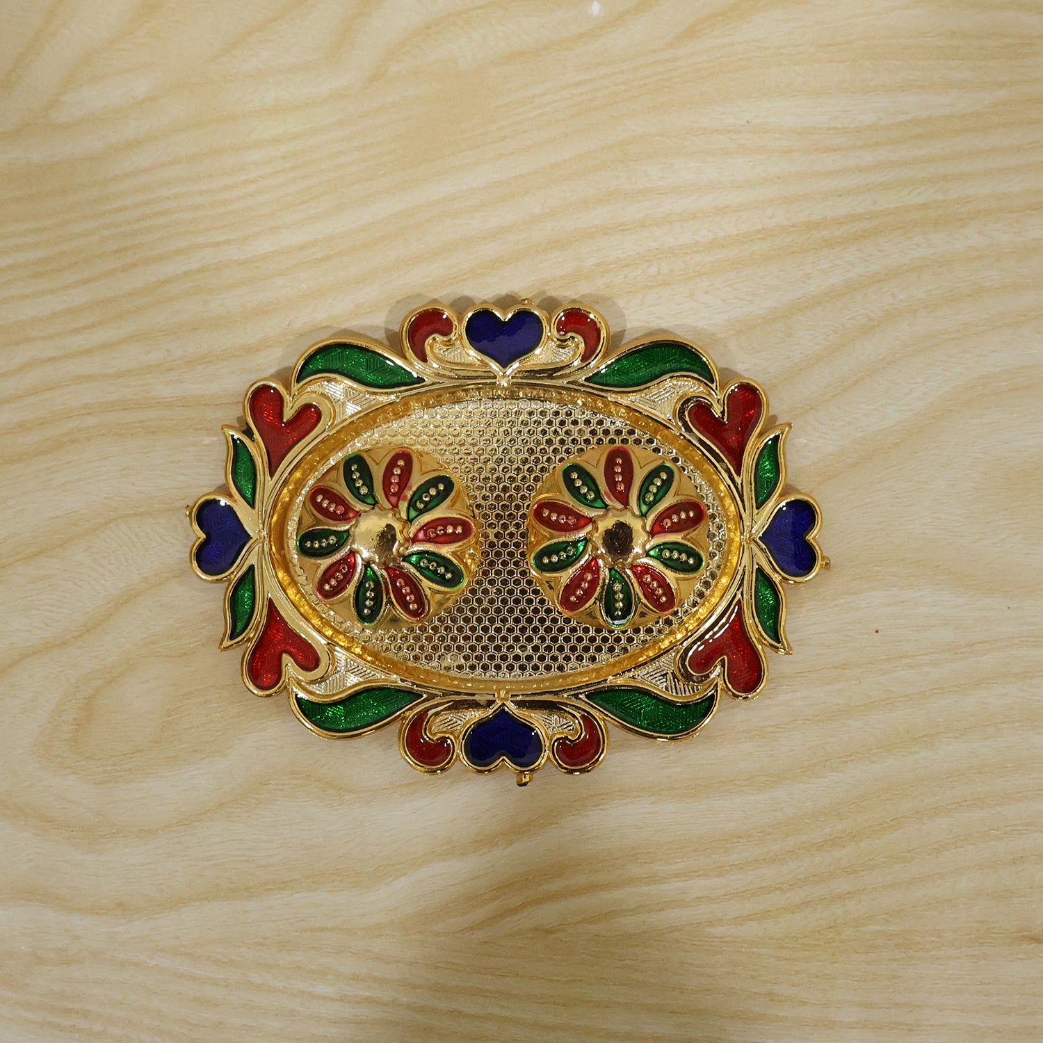 Decorative Kankavati Kumkum Holder, Golden Enamel Pooja Thali with Bowls (1 Pc)