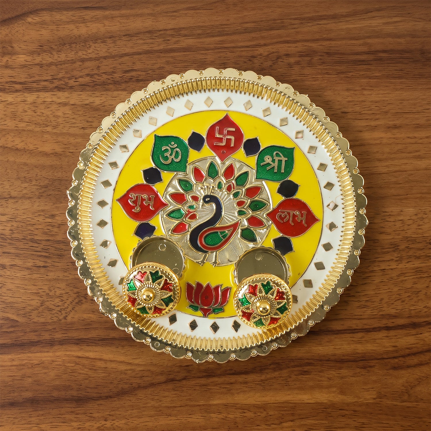 Big Decorative Pooja Thali, Golden Meenakari Puja Plate with Kumkum Bowls (1 Pc)