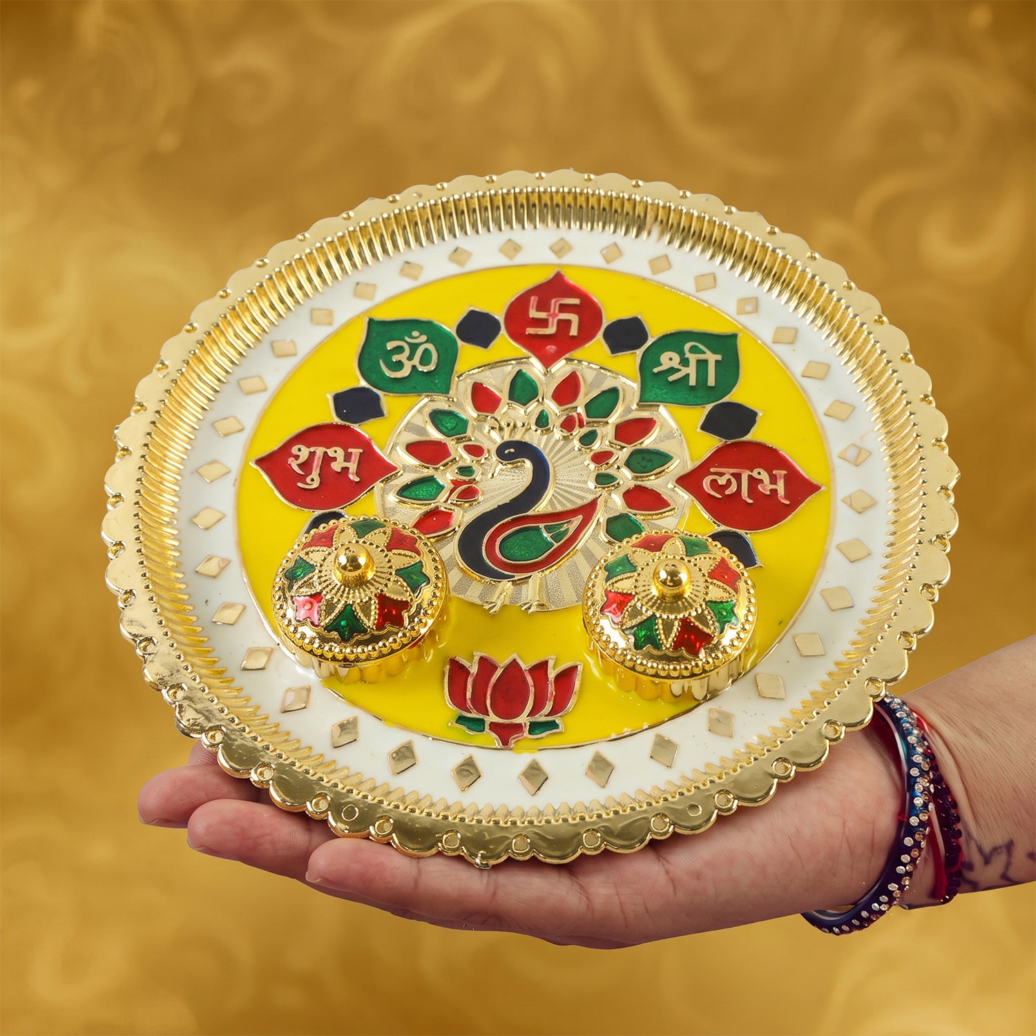 Big Decorative Pooja Thali, Golden Meenakari Puja Plate with Kumkum Bowls (1 Pc)