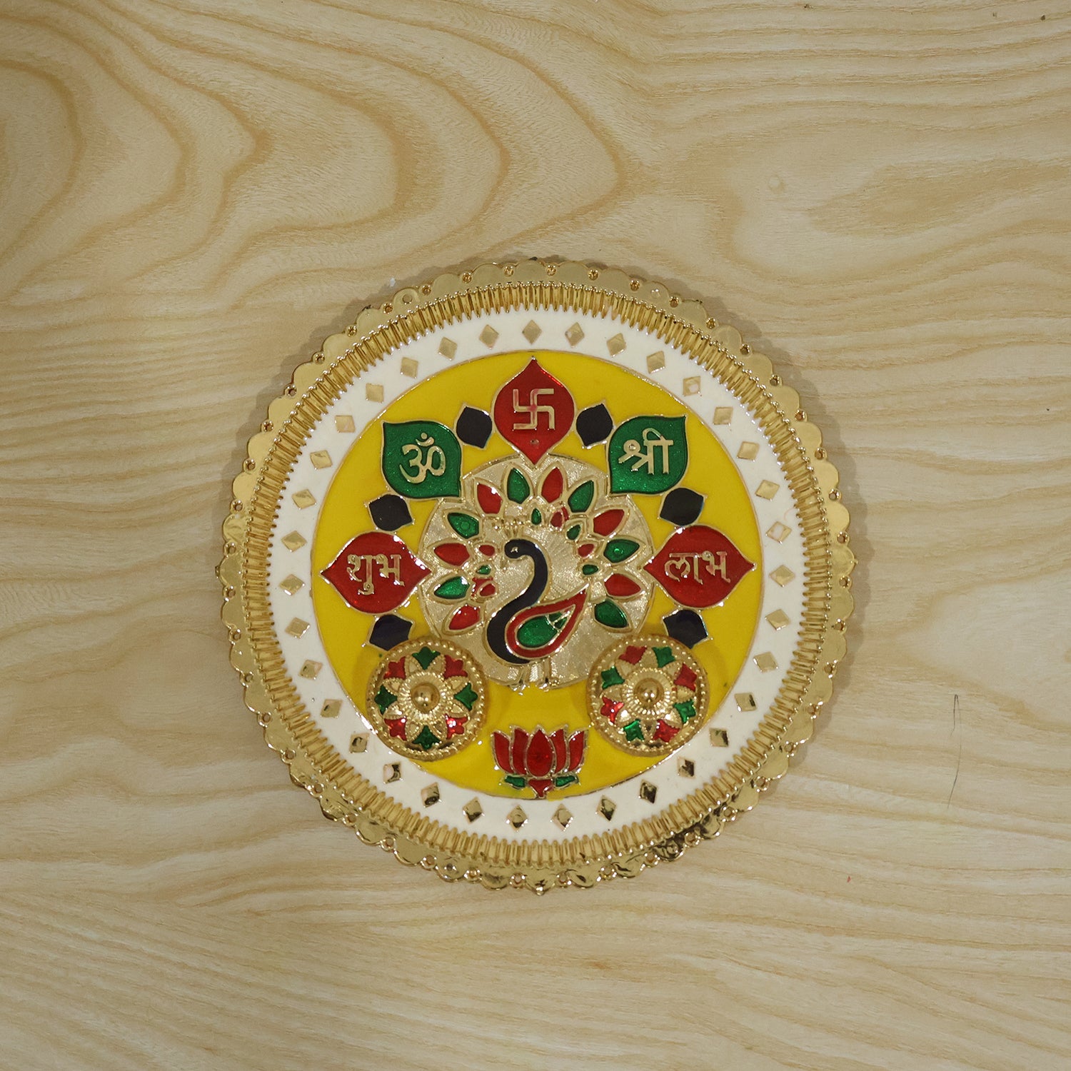 Big Decorative Pooja Thali, Golden Meenakari Puja Plate with Kumkum Bowls (1 Pc)