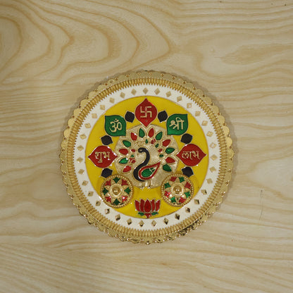 Big Decorative Pooja Thali, Golden Meenakari Puja Plate with Kumkum Bowls (1 Pc)