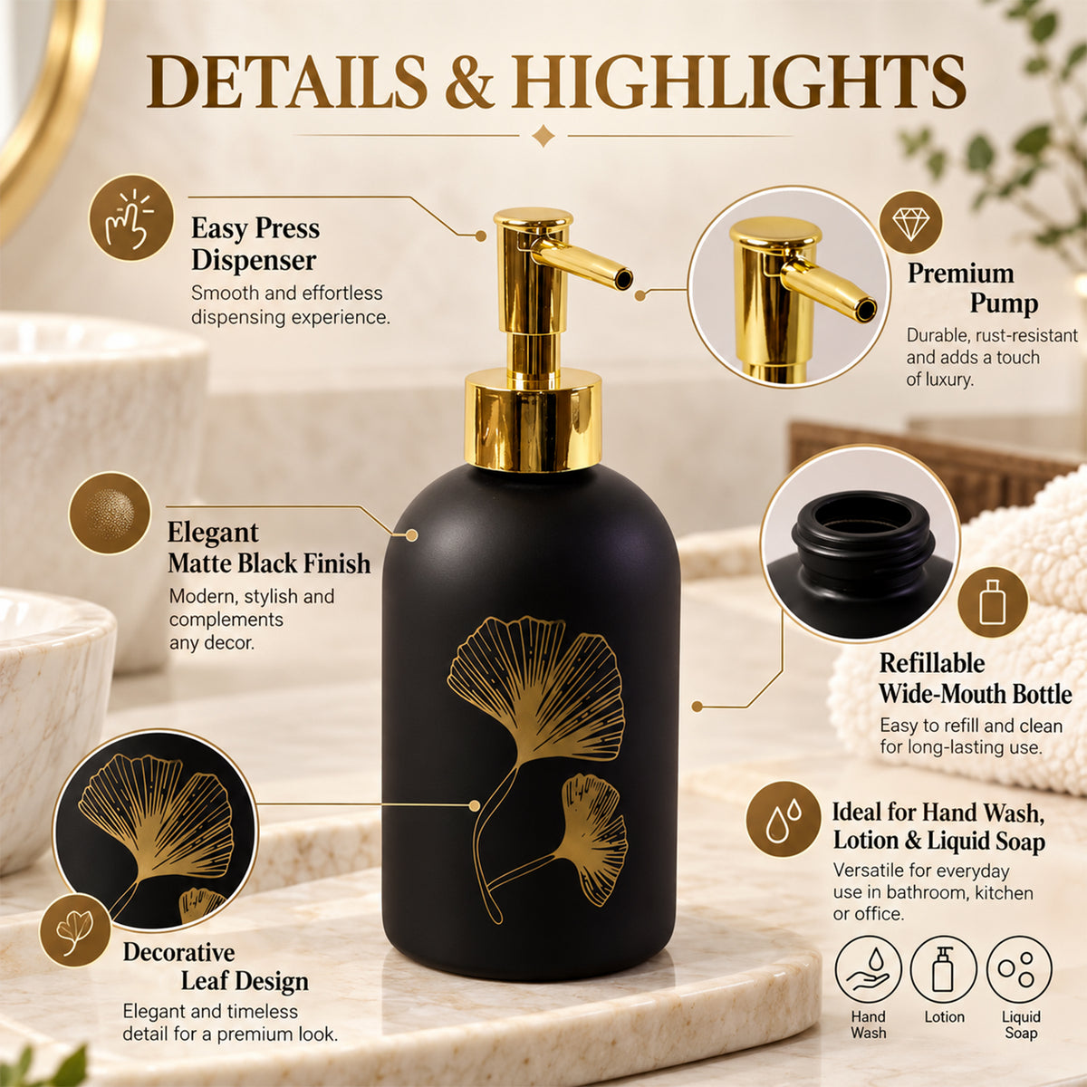 Manual Liquid Soap Dispenser with Leaf Design and Refillable Pump Bottle (1 Pc)
