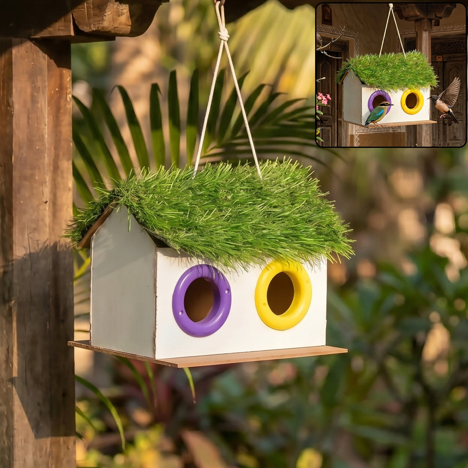 Handcrafted wooden bird house with decorative grass-style roof