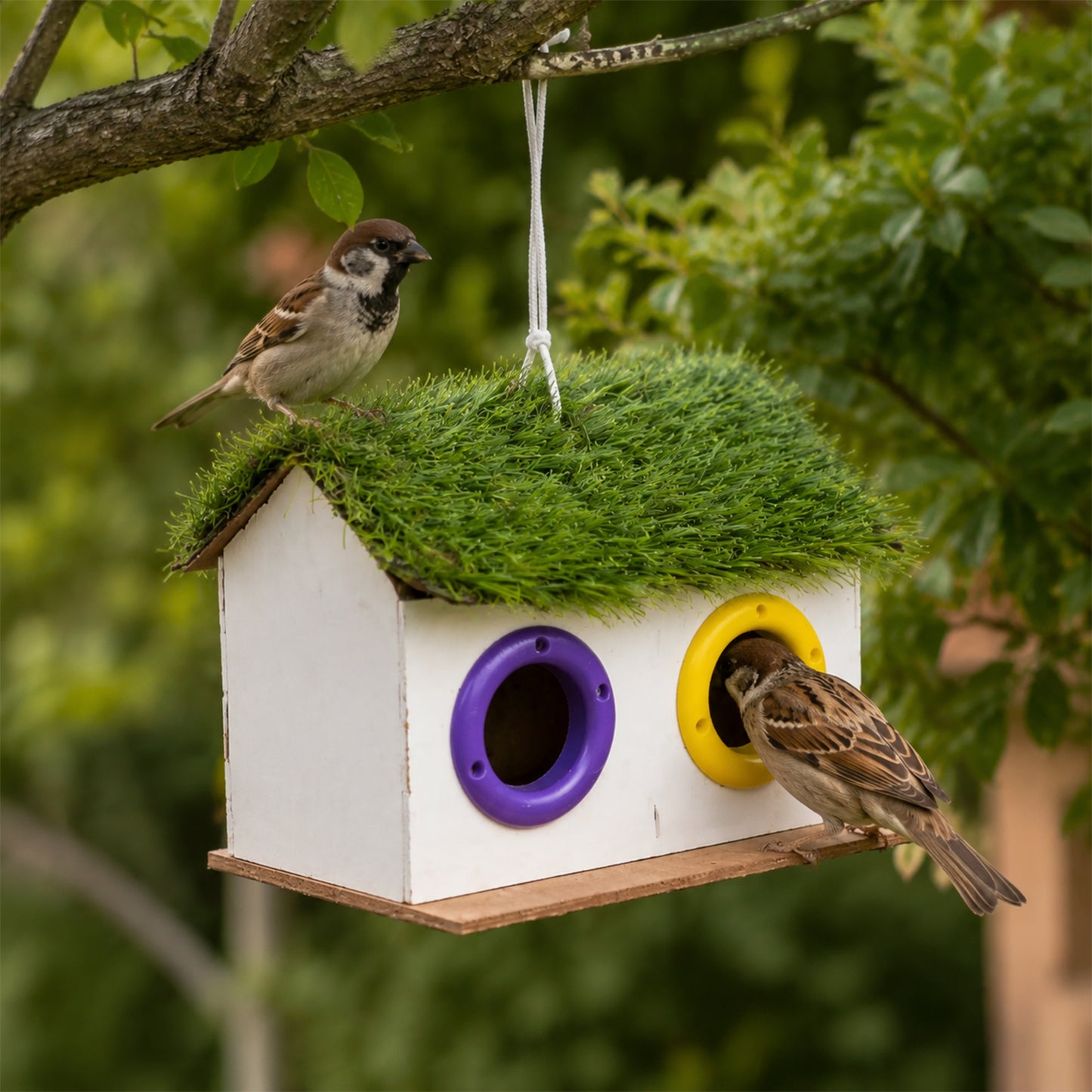 Colorful entrance rings on wooden bird house