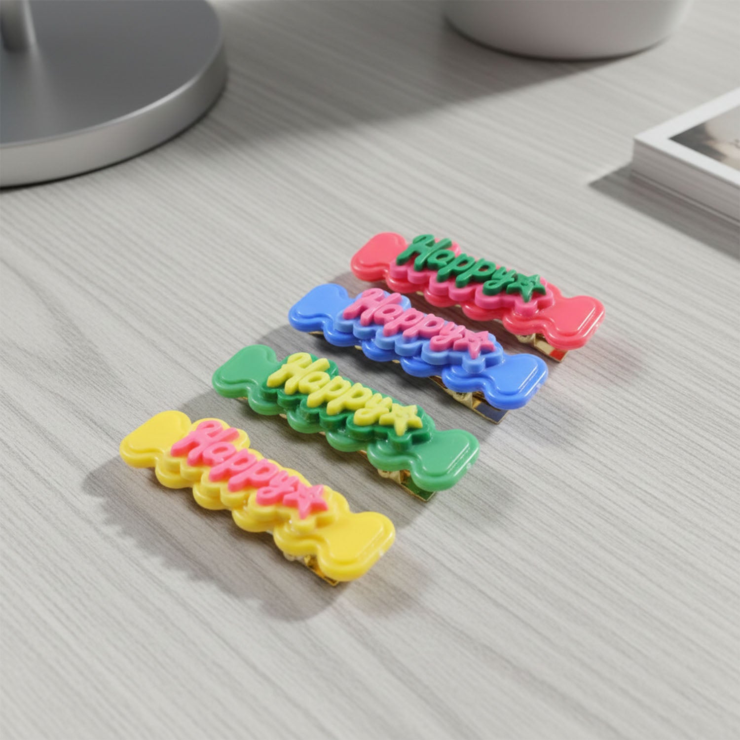 Cute “Happy” Bone-Shaped Snap Hair Clips Set (4 Pc)