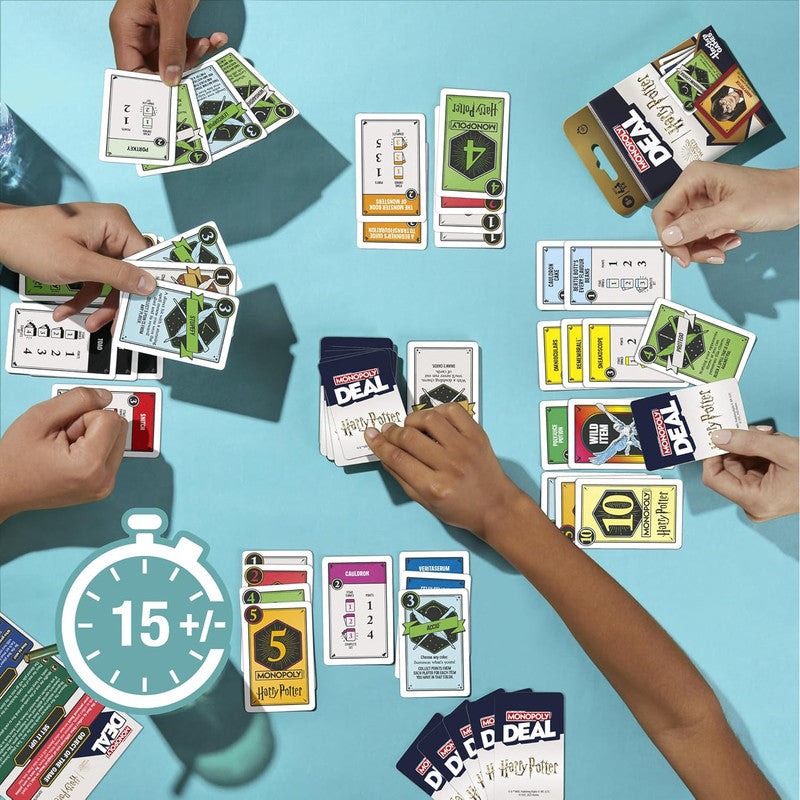 Close-up layout of Harry Potter Monopoly Deal magical cards