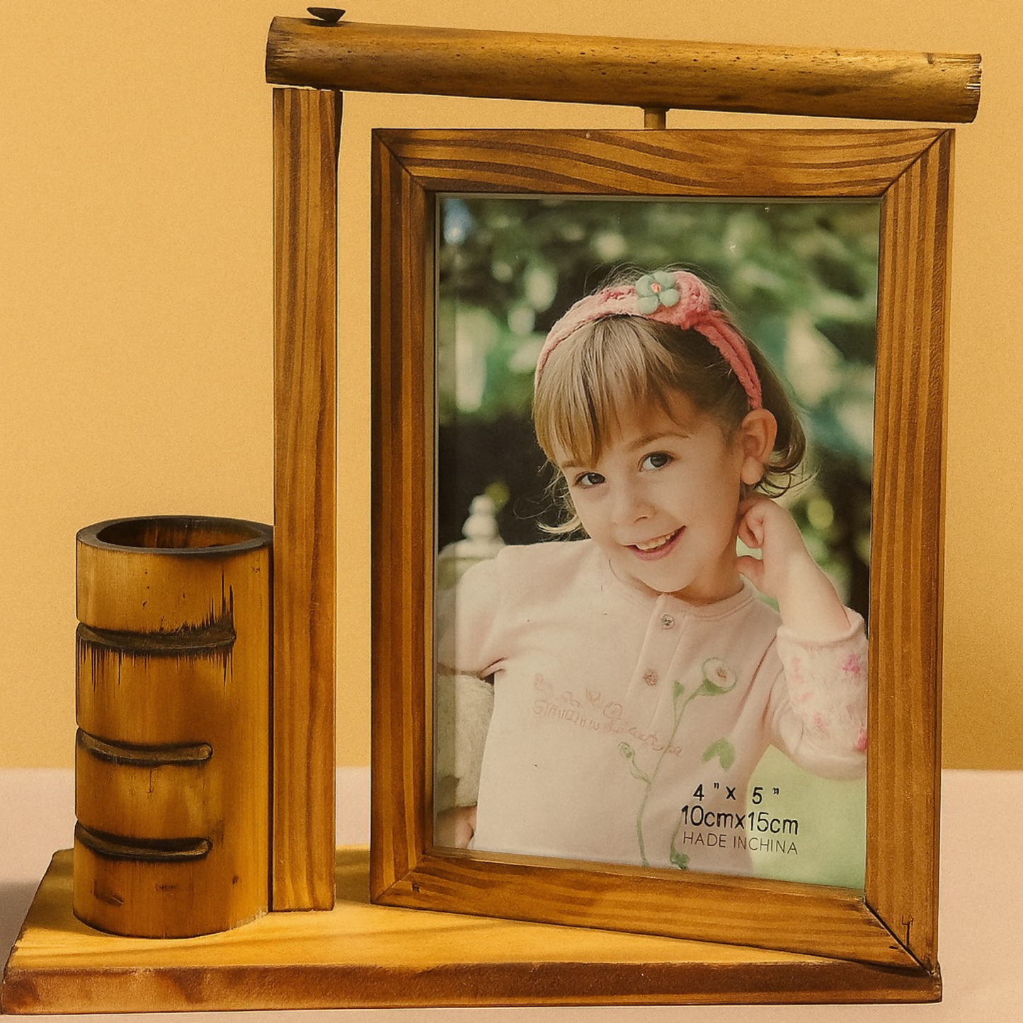 Wooden Photo Frame with Pen Holder Stand – 4x6 Inch Tabletop Frame for Desk, Office & Home Decor | Rustic Brown Finish | Multipurpose Wooden Frame for Family, Friends & Kids Photo Display