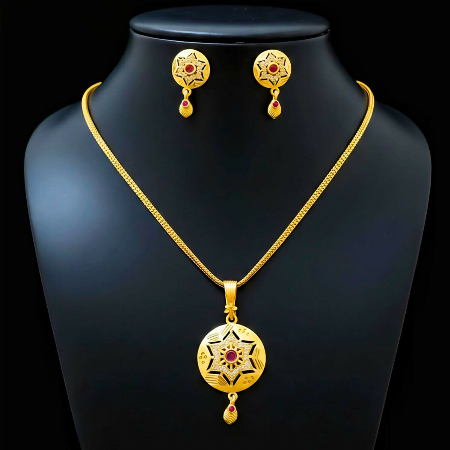 Ad Stone Brass Micro Polish Designer Daily Wear Chain Pendant with matching earrings