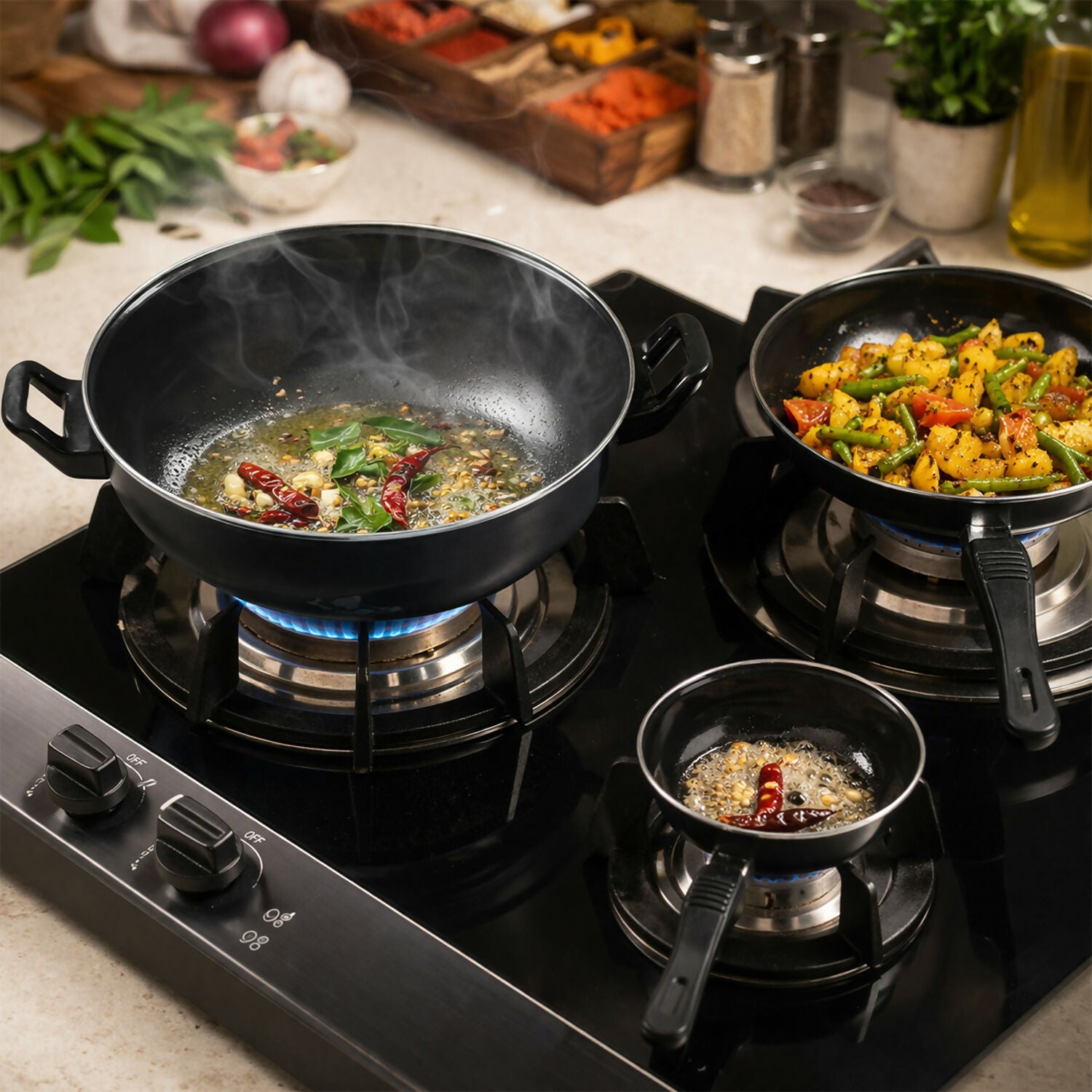 Hard Anodized Cookware Set Kadhai Fry Pan Tadka Pan Heavy Duty Kitchen Set (3 Pc)