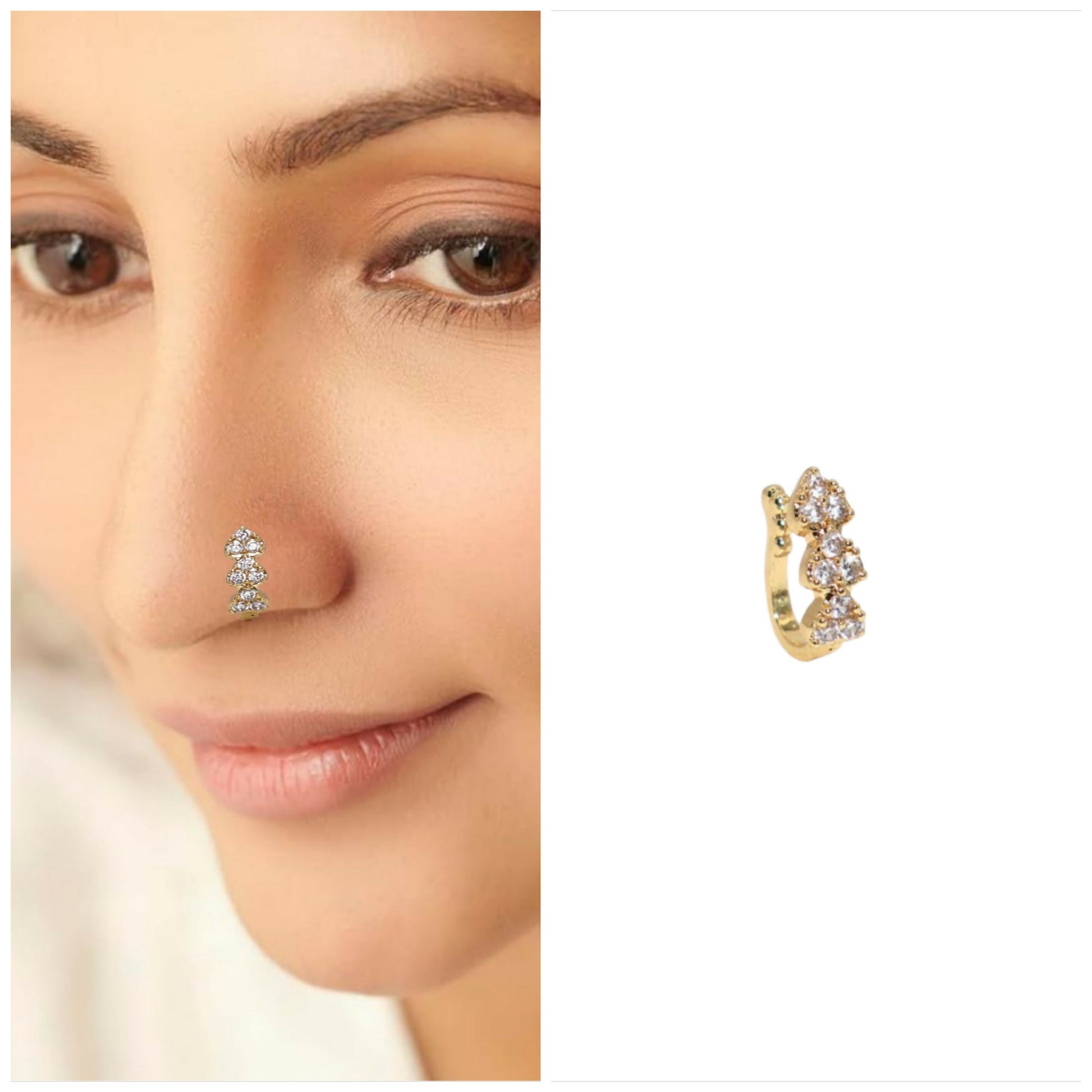 Gold plated heart cluster clip-on nose ring featuring three vertical cubic zirconia stones