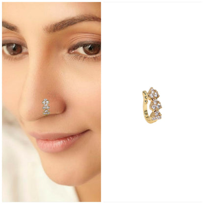 Gold plated heart cluster clip-on nose ring featuring three vertical cubic zirconia stones