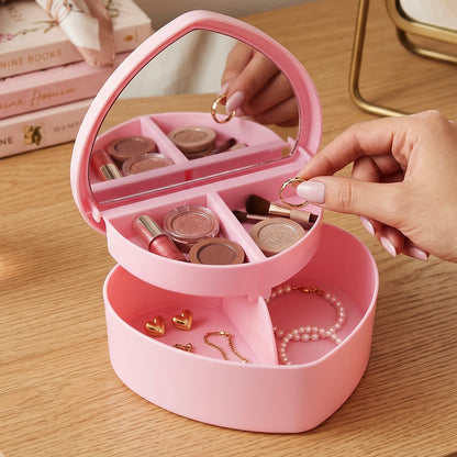 Compact makeup storage box with tray and mirror