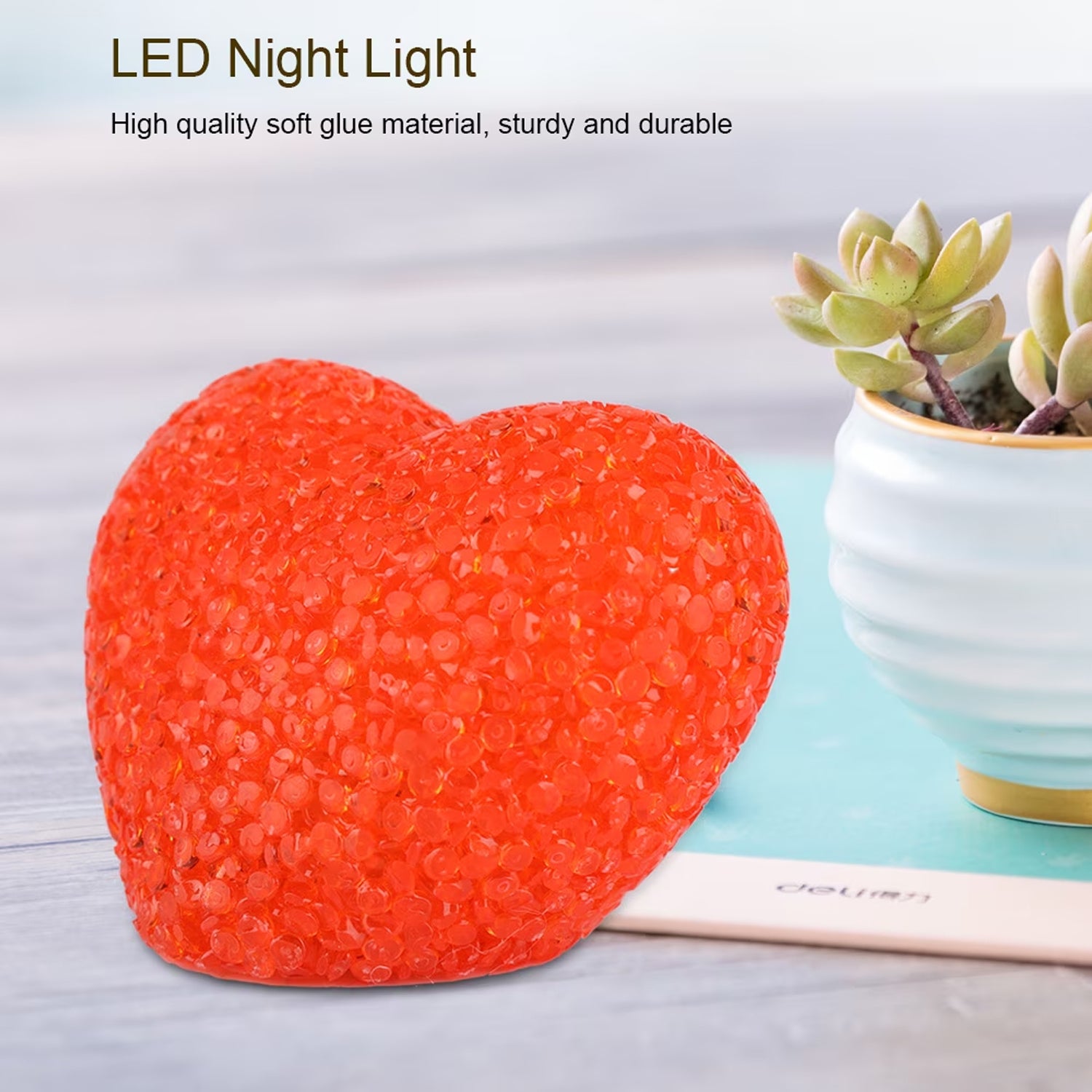 Heart Shape LED Night Lamp Crystal Texture Soft Red Glow Light (1 Pc)