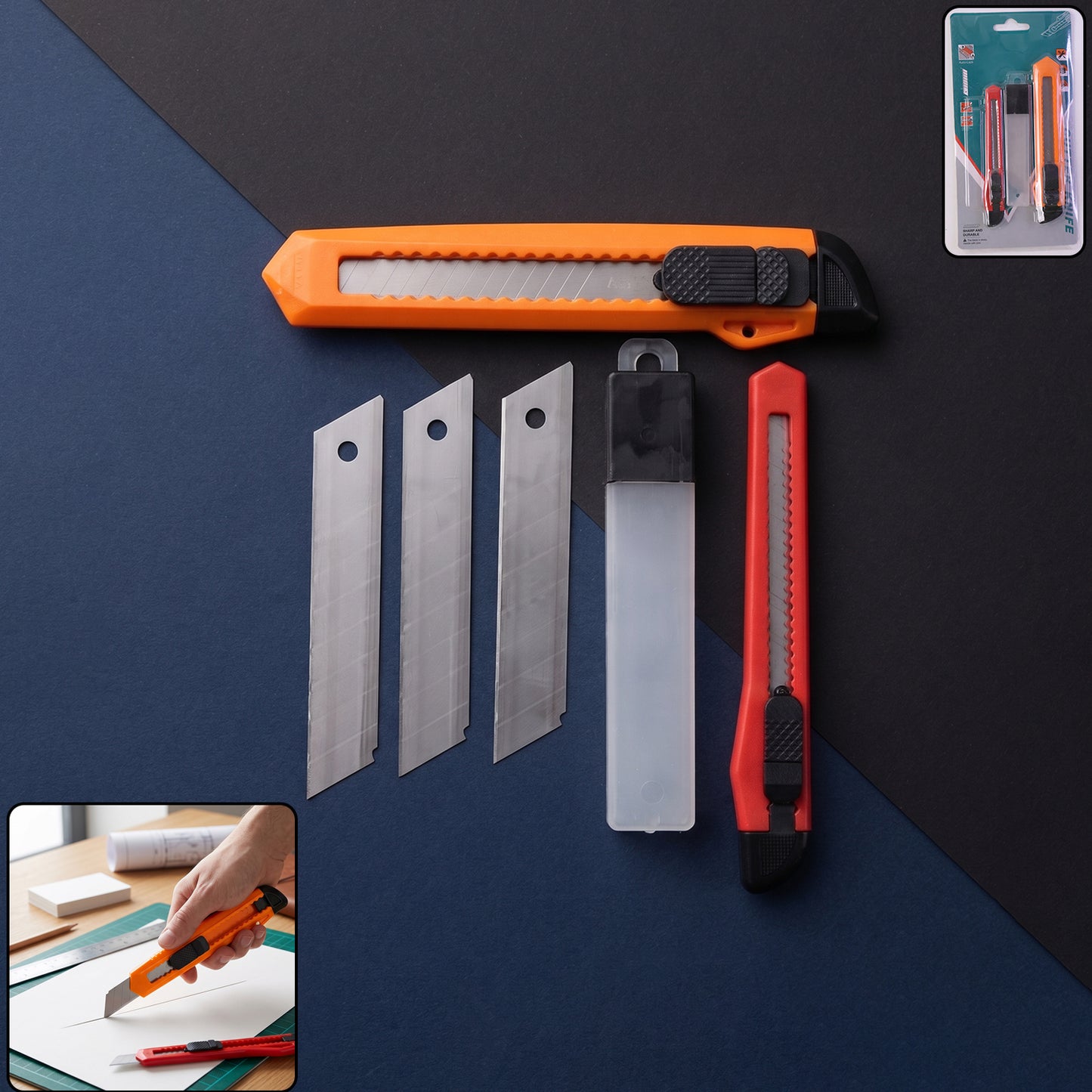 Professional Utility Knife Cutter Set with Extra Snap Off Blades (1 Set)