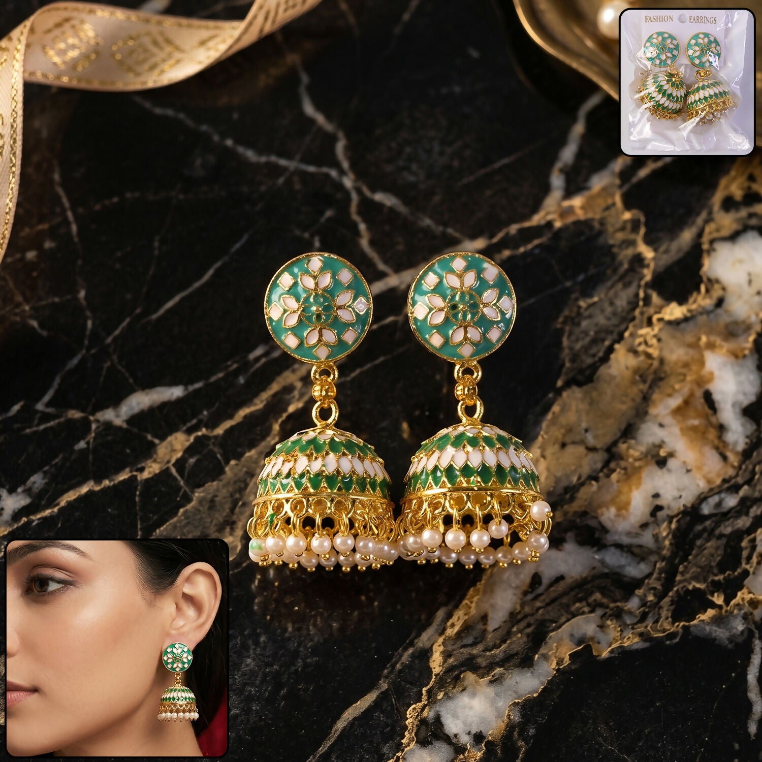 Green Floral Round Jhumka Earrings with Pearls for Women