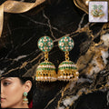 Green Floral Jhumka Earrings – Elegant Pearl Detailing for Women