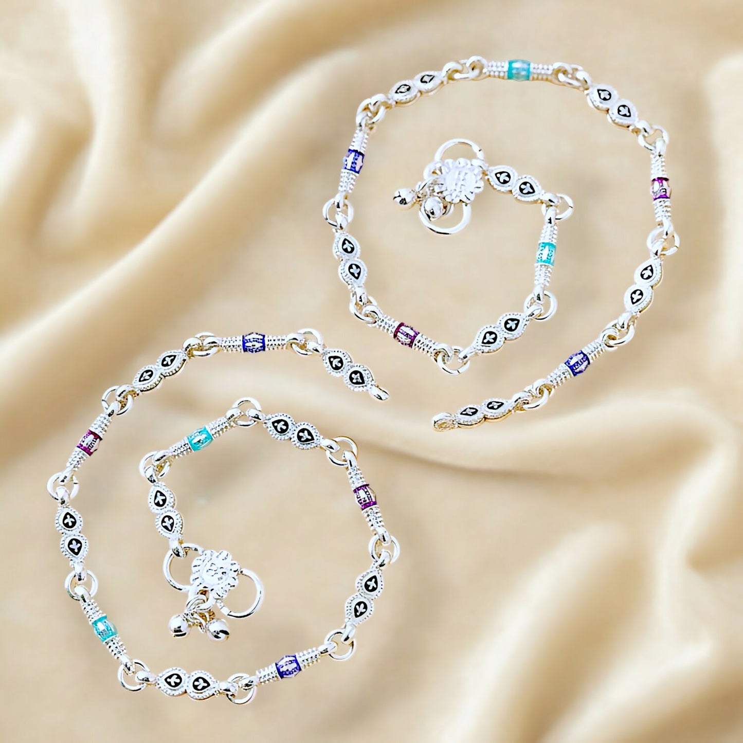 Ethnic Silver-Plated Payal with Colorful Floral Enamel and Jingle Bell Charms