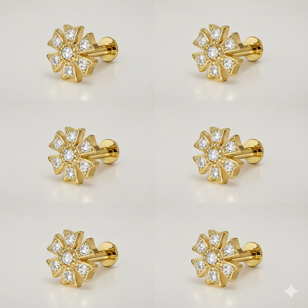 Side view of gold plated floral flat back stud earrings highlighting secure threaded posts