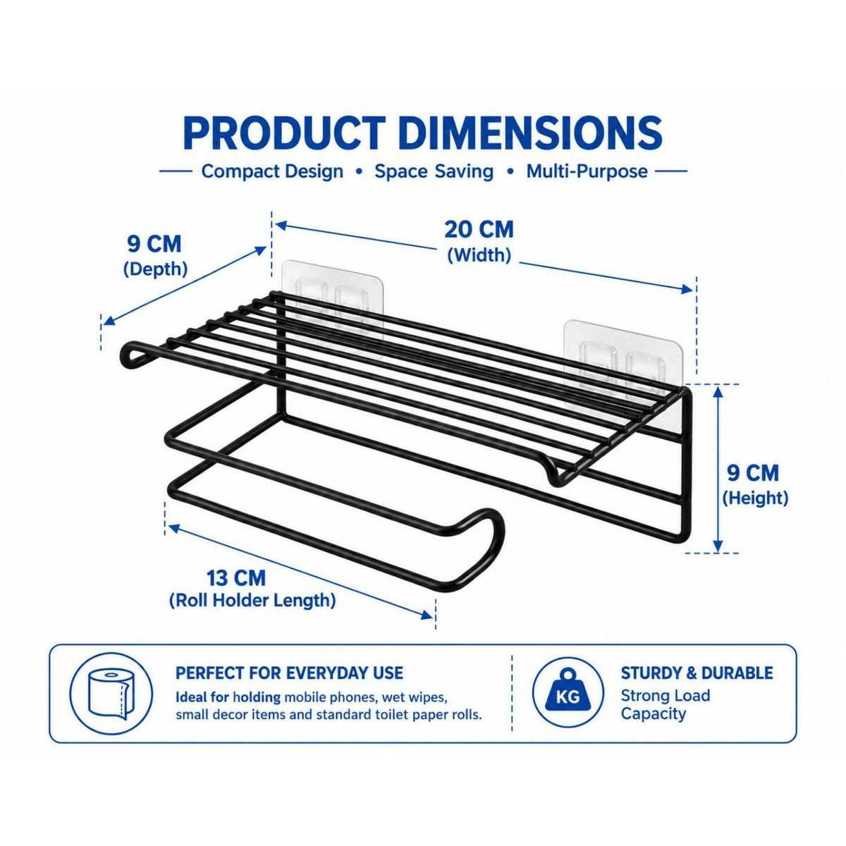 A diagram illustrating the dimensions of the black metal toilet paper holder with its phone and roll storage.