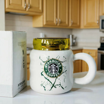 Ceramic Coffee Mug with Lid & Marble Design, Stylish Tea Cup (Color may vary)