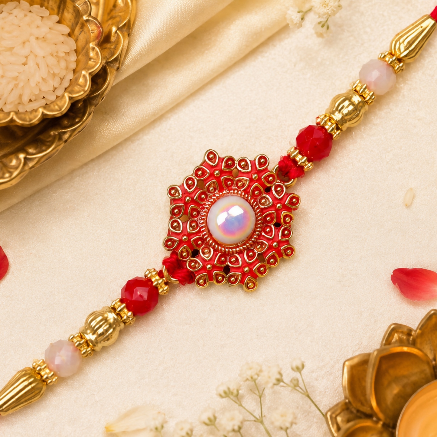 A red and gold beaded bracelet with a central red floral medallion featuring a white pearl, surrounded by traditional items.