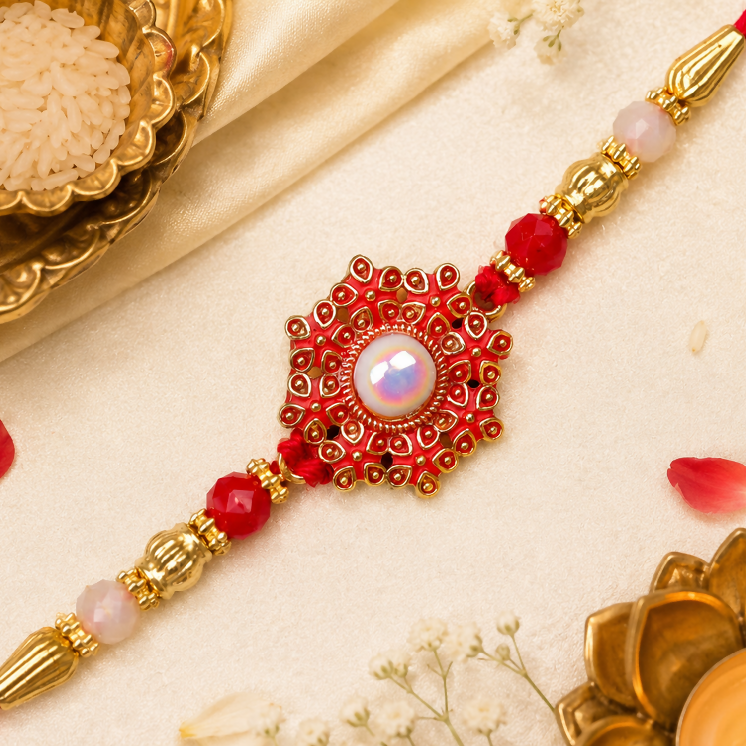 A red and gold beaded bracelet with a central red floral medallion featuring a white pearl, surrounded by traditional items.