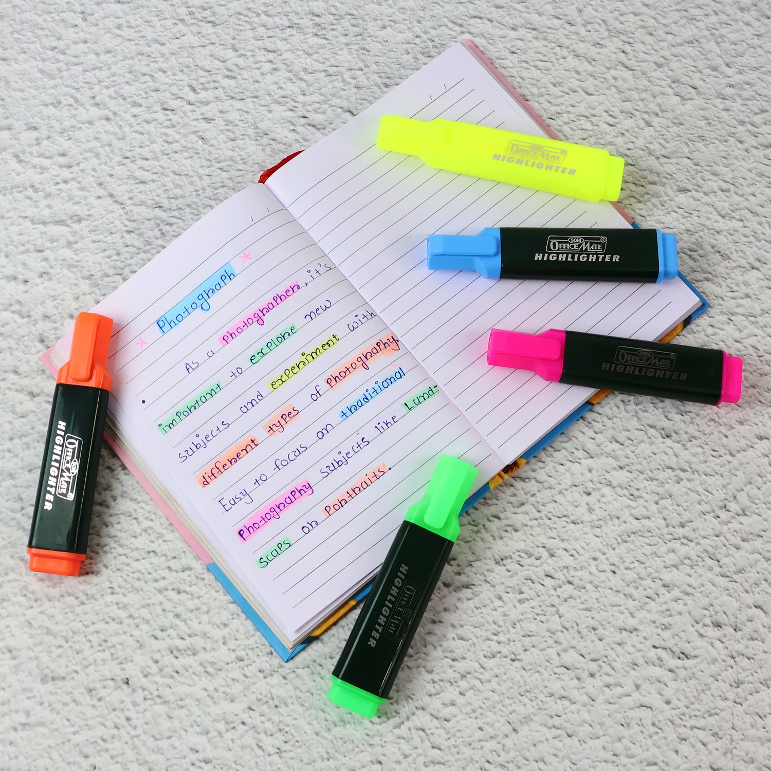 OfficeMate Fluorescent Highlighter Set of 5 – Vibrant Colors for Smooth Highlighting & Long-Lasting Ink