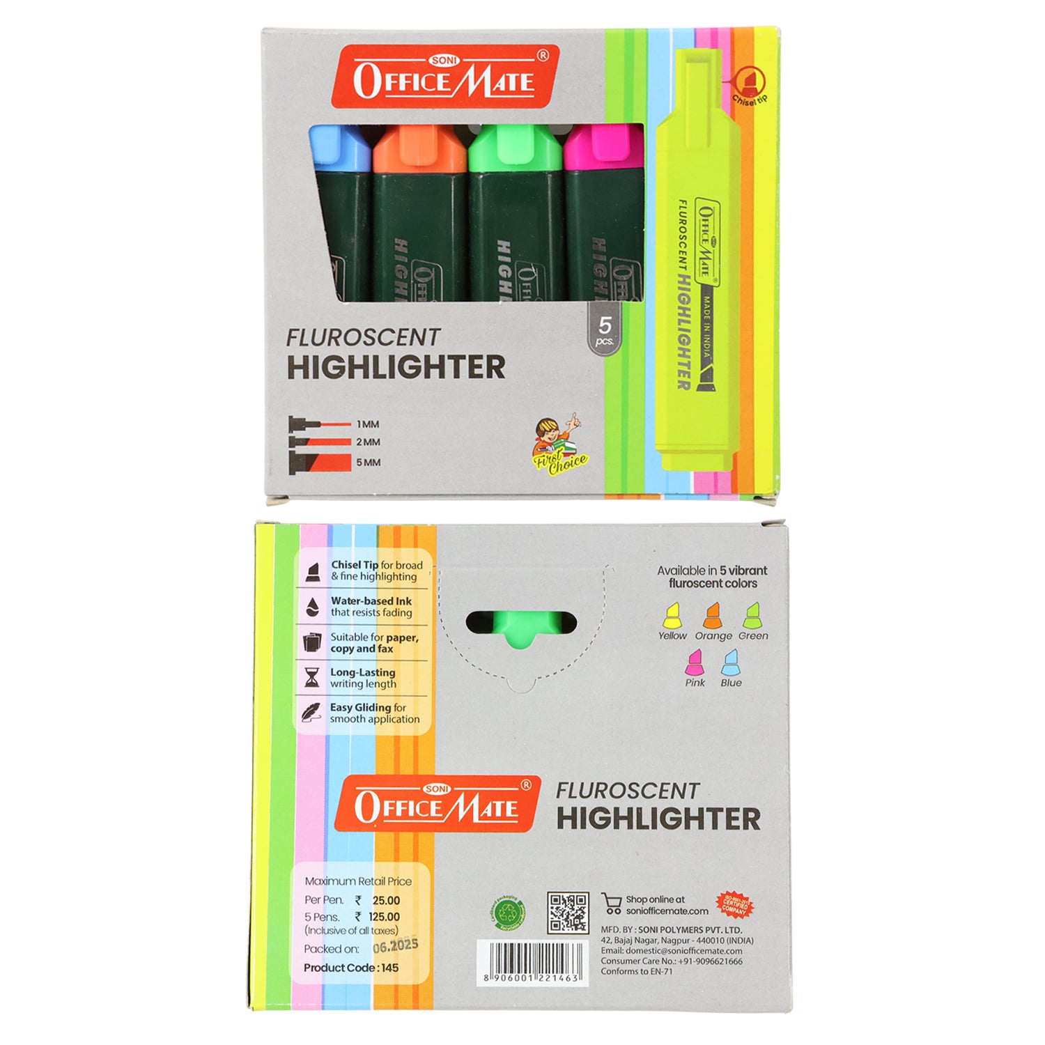 Officemate Fluorescent Highlighter Set of 5 – Vibrant Colors for Smooth Highlighting & Long-Lasting Ink