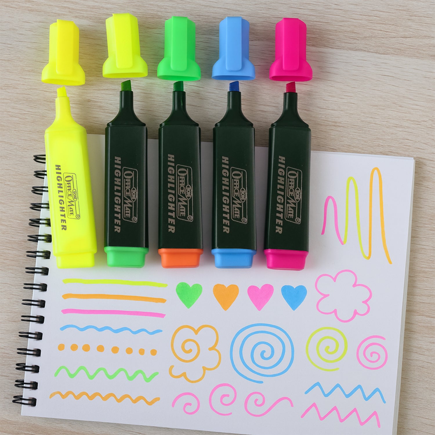 Officemate Fluorescent Highlighter Set of 5 – Vibrant Colors for Smooth Highlighting & Long-Lasting Ink