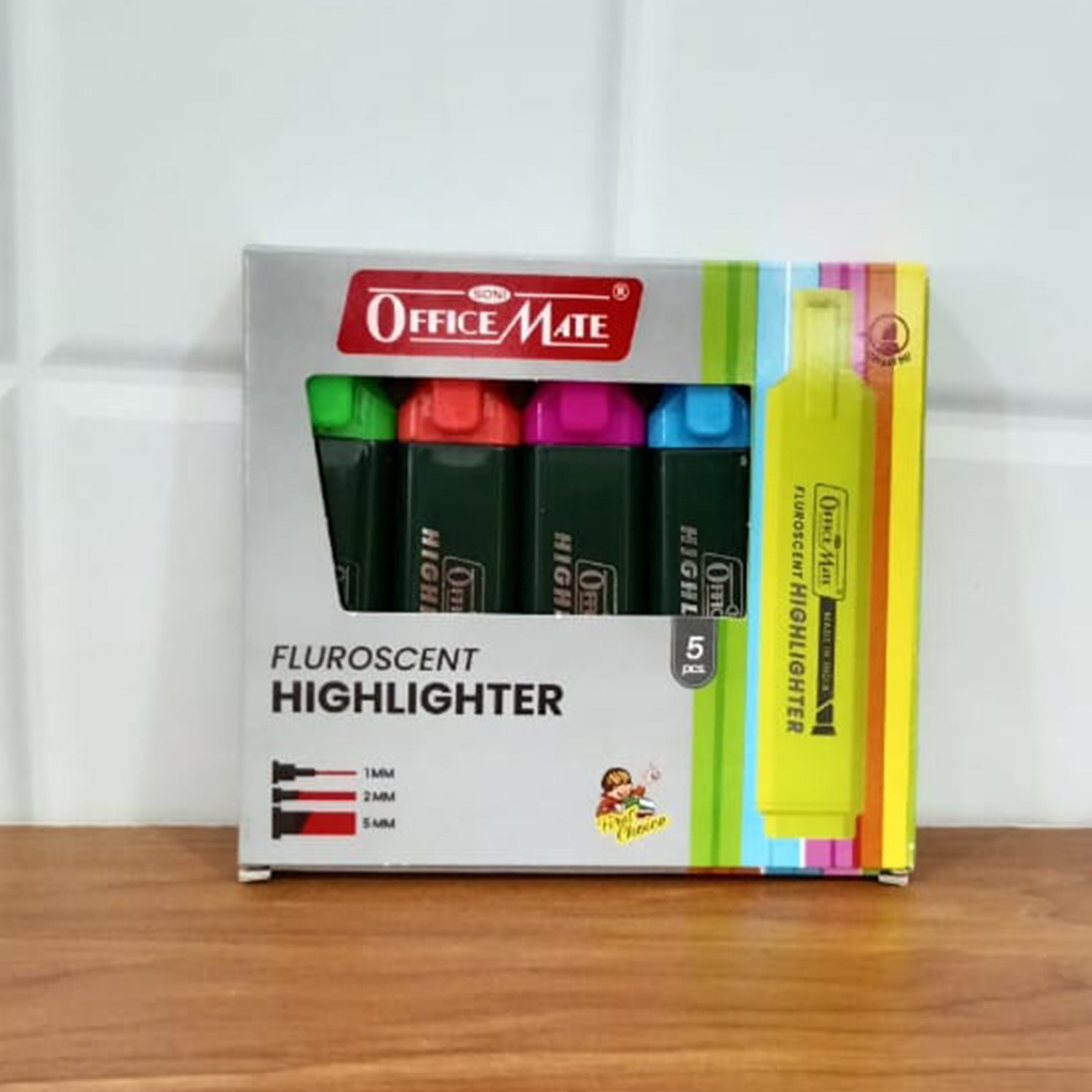 Officemate Fluorescent Highlighter Set of 5 – Vibrant Colors for Smooth Highlighting & Long-Lasting Ink