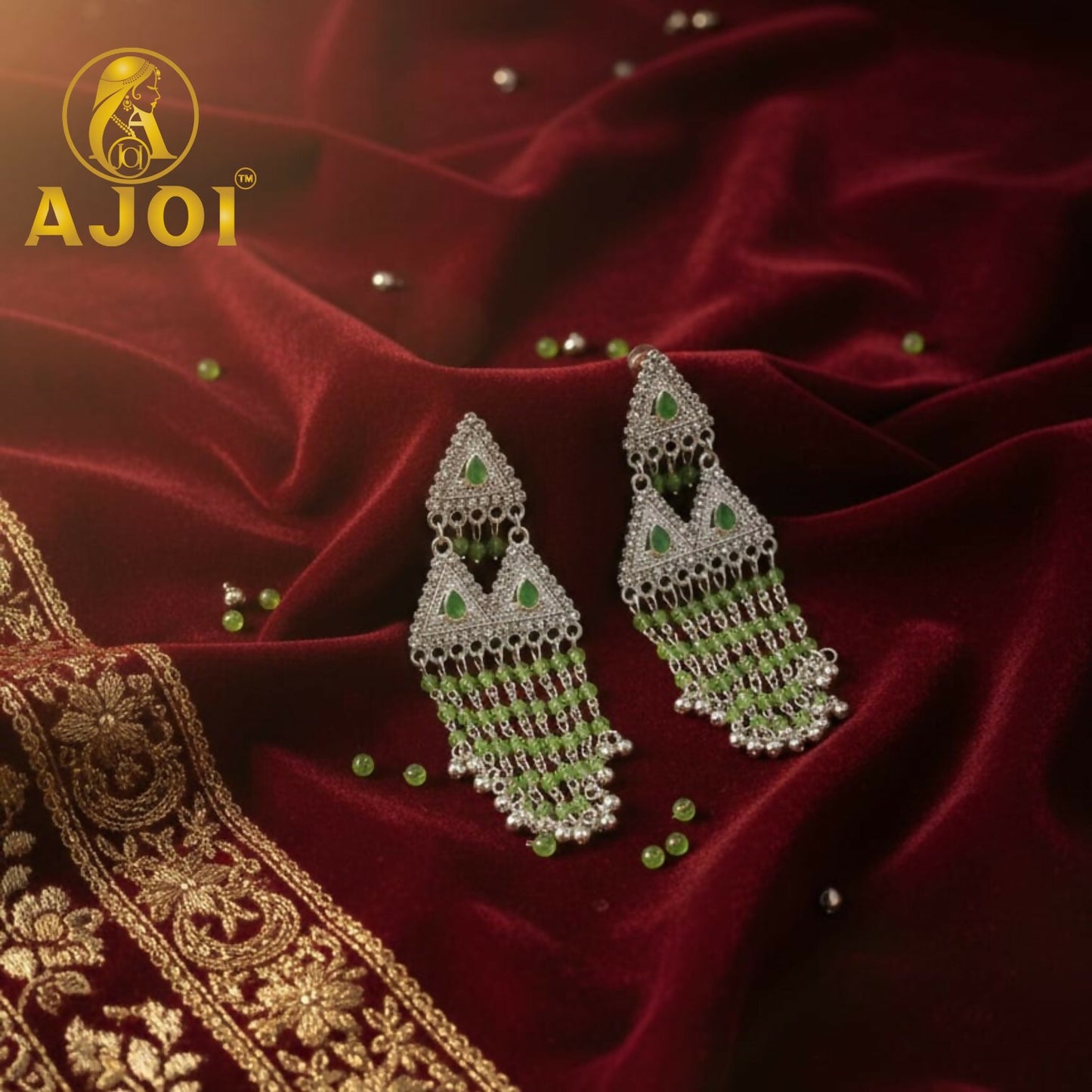 Royal Emerald Drop Silver Statement Earrings with Elegant Beaded Tassels