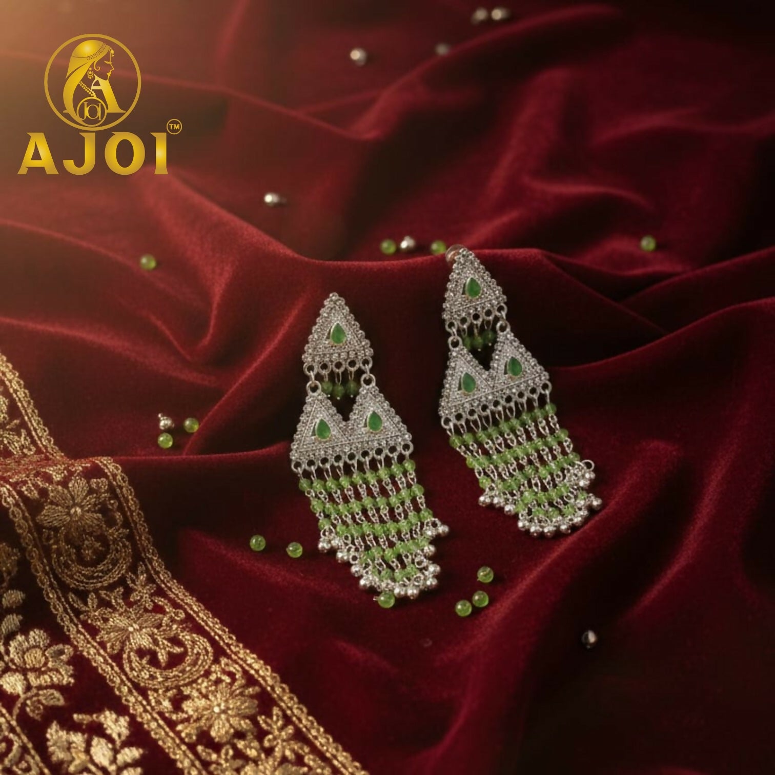 Royal Emerald Drop Silver Statement Earrings with Elegant Beaded Tassels