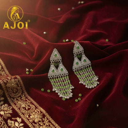 Royal Emerald Drop Silver Statement Earrings with Elegant Beaded Tassels