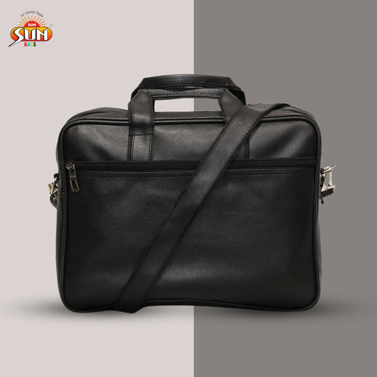 Premium black leather laptop bag with shoulder strap and multiple compartments